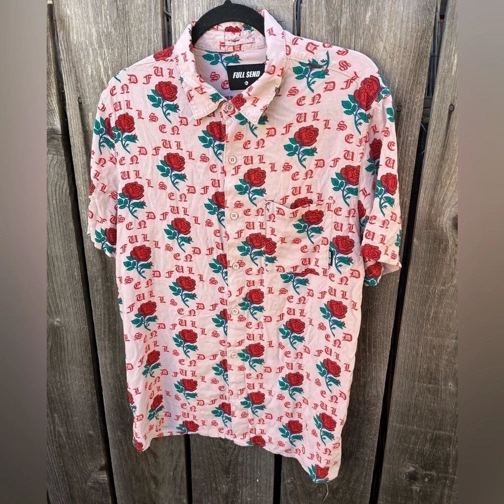 Men's Full Send Button-Down Shirt Multicolor Roses Spell-Out XL‎ Street Art City